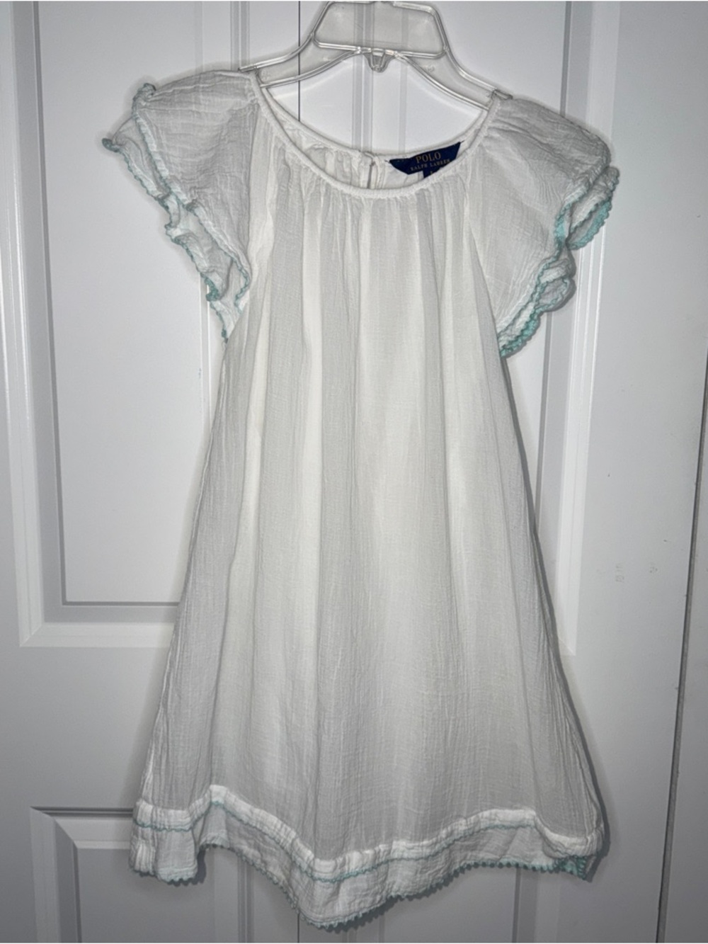 Polo Ralph Lauren Girls Flutter Sleeve Dress Size 8 Cotton White Turquoise Trim